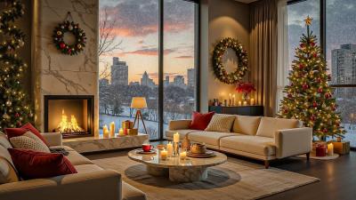 Enchanted Christmas Living Room in Winter Sunset Soothing Jazz Music for Study Work and Relax