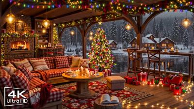 Smooth Christmas Jazz Music to Relax Cozy Christmas Cafe Ambience with Fireplace Sounds  Snowfall