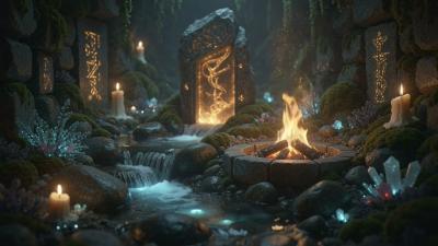 8 Hours Neon Monolith Temple Ambience Fire  Water Sounds for Deep Sleep  Ambient Cozy