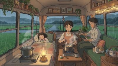A Rainy Day in Our Mobile Home  Ghibli Style ASMR