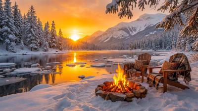 Calming Winter Nature Ambience  Campfire by a Frozen Lake for Deep Relaxation