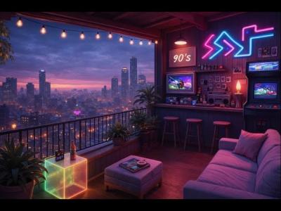 Cozy Neon City Rooftop Ambience  Chill 90s Vibes  Relax  Unwind