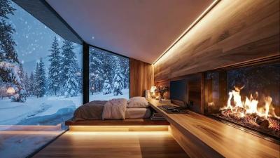 Cozy snowy cabin fireplace ambience with soft winter snowfall for relaxation