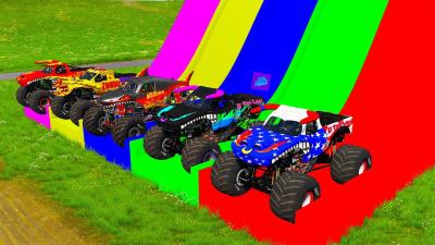 Double Flatbed Trailer Monster Trucks Transport with Slide Color  Cars vs Speed bump  BeamNG 75