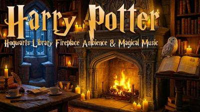 Hogwarts Library Fireplace Ambience Winter Evening with Snow Outside  Harry Potter Music