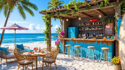 Tropical Seaside Cafe Ambience Cheerful Bossa Nova Jazz Music  Ocean Wave Sounds for Good Moods