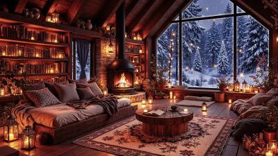 Winter Jazz Music for Focus  Cozy Forest Cabin Ambience with Fireplace Wind Sounds  Snow