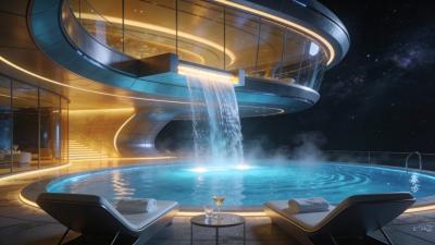 Luxury Orbital Spa in Deep Space Zero Gravity Pool  Waterfall  4K SciFi Relaxation