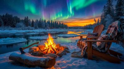 Northern Lights Winter Campfire  Crackling Fire Nature Sounds  Cozy Ambience for Sleep