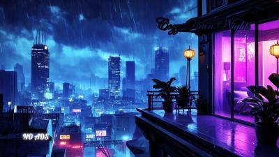 Rainy Night in the Neon City Cozy Balcony Ambience