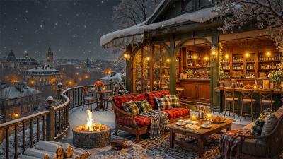 Rooftop Cafe Ambience in Night Winter with Smooth Jazz Music Jazz Background Music for Unwind