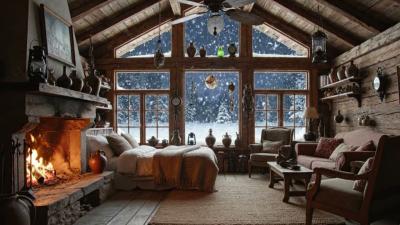 Soft snow ambience and fireplace crackling in a cozy winter night cabin