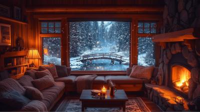Soft Winter Jazz Music  Snowy Mountain Cabin  Warm Fireplace for Focus and Study  