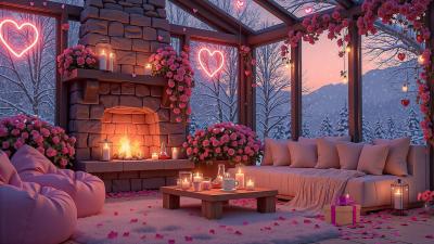 Valentines Pink Snow Escape  Soothing Jazz Music Cozy Fireplace  Romantic Chill