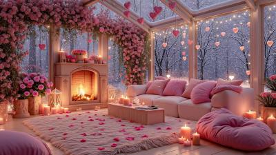Cozy Valentines Pink Snow Terrace  Relaxing Jazz  Warm Fireplace for Deep Rest  Chill