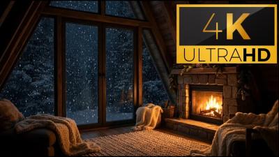 Alpine Cabin at Night  Crackling Fireplace  Snowy Forest Ambience