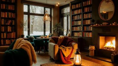 Cozy Winter Library Ambience  Warm Fireplace Jazz Relax Music for Deep Focus and Work 05