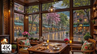 Elegant Coffee Shop in the Spring Rain Smooth Jazz Piano  Fireplace Sounds for Study and Work