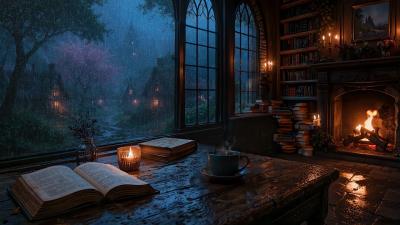 Gothic Reading Nook overlooking Rainy Cottage Village  Dark Academia Fireplace Ambience for Relax