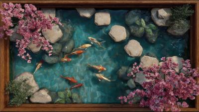 Japanese Zen Garden Painting  Framed Koi Pond  Blossom Art for TV Display  Peaceful Landscapes
