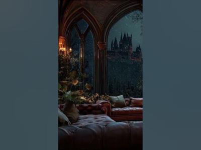 Night Time Thunderstorm at the Castle Library Rain Sounds Soft Piano  Fireplace Ambience