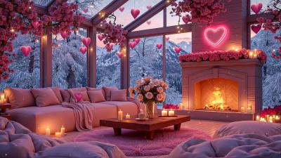 Peaceful Valentines Pink Snow Porch  Gentle Jazz  Warm Fireplace Ambience for Calm  Chill