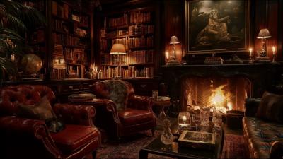 Relaxing Library Fireplace Ambience with Warm Fire Glow for Peaceful Study and Deep Rest