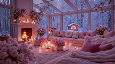  Romantic Valentines Pink Snow Porch  Crackling Fireplace  Cozy Jazz Ambience for Relax  Calm