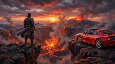 Samurai Warrior Ferrari F355 Lava Canyon View 4K Cinematic Landscape