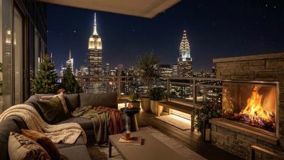 Spring Night New York City Cozy Balcony Ambience to Sleep Chill Focus City Fireplace Sound