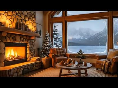 Warm Winter Jazz Library  Snowy Reading Ambience with Soft Fireplace Glow