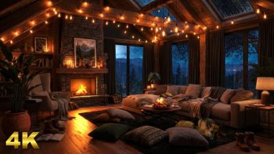 10 HOURS  Cozy Cabin Thunderstorm  Fireplace  Heavy Rain  Sleeping Pets Ambience