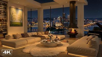 4K Elegant Night Jazz Luxury Apartment Ambience with Soft Jazz  Firepalce Sounds for Relax Study
