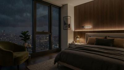 A Silent Bedroom Watches  Rain Fall Over Endless Neon Roads And Late Night Traffic 