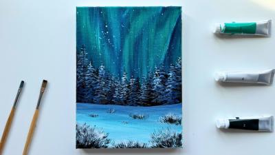Aurora Borealis Painting Tutorial  Winter Forest Acrylic Landscape