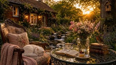  Beautiful Evening Nature Ambience With a Quiet Stream and Cottage Garden 