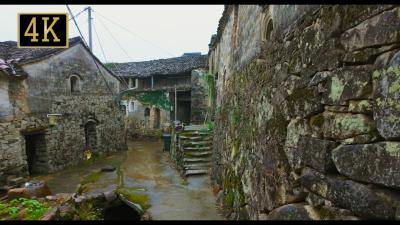 Chinese Mountain Village Walk  Beautiful Serene Rainy Stroll Through Worn Stone Houses 4K