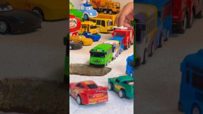 Cool racing cars and cute Tayo bus cars pushed by fire trucks part 58