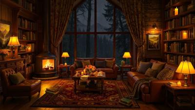 Cozy Hut Ambience Soft Jazz Crackling Fireplace  Rain Sounds for Deep Sleep