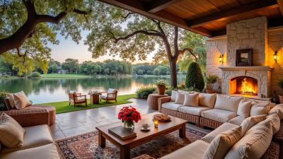 Cozy Lakeside Jazz Fireplace  Peaceful Nature Ambience