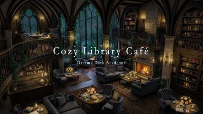 Dark Academia Library Cafe on a Rainy Spring Day  Fireplace  Piano for Study  Relaxation