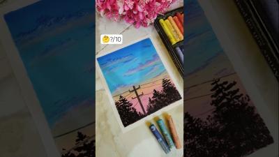 Easy Scenery Drawing for Beginners  Sunset Sky with Silhouette Trees  Oil Pastel Drawing