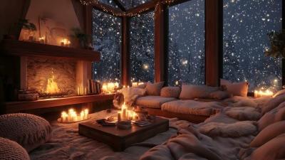 Fireplace  Piano Music Peaceful Winter Night Ambience for Stress Relief  Deep Sleep