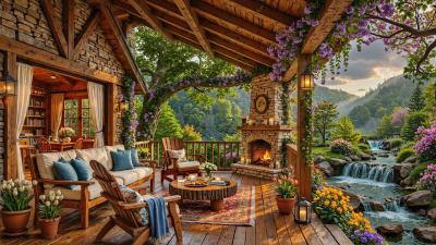Fresh Morning at Calm Porch Ambience  Rainy Spring Jazz  Crackles Fireplace for Wonderful Mood