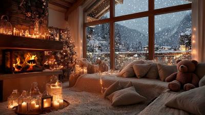 Warm Fireplace  Soft Piano Relaxing Holiday Ambience with Snowfall