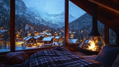 Dark Winter Cabin Atmosphere with Blizzard Winds and Fireplace Sounds for Sleep and Relaxation