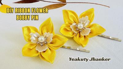 DIY Ribbon Flower Bobbypin Tutorial. Handmade Craft Idea with Satin Ribbon.