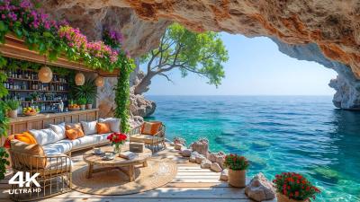 Morning Seaside Cafe Ambience  Upbeat Bossa Nova Jazz Music  Wave Sounds for Stress Relief