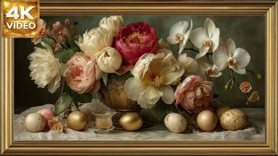 Orquídeas y Peonías con Detalles Dorados  Arte 4K para TV  Pantalla Elegante