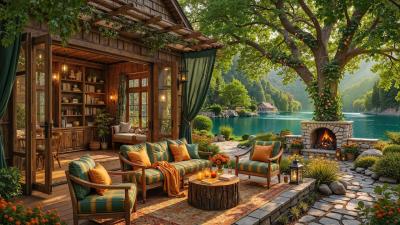 Peaceful Summer Jazz at Riverside Porch Ambience  Fire Pit Crackle with Bird Sounds for Study